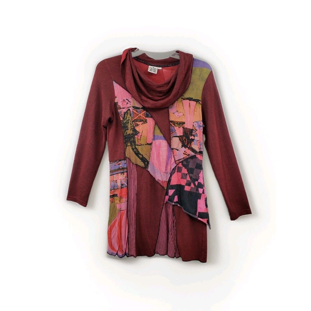 Parsley & Sage Patchwork Tunic Size S Burgundy Multicolor Cowl Neck Artsy Boho